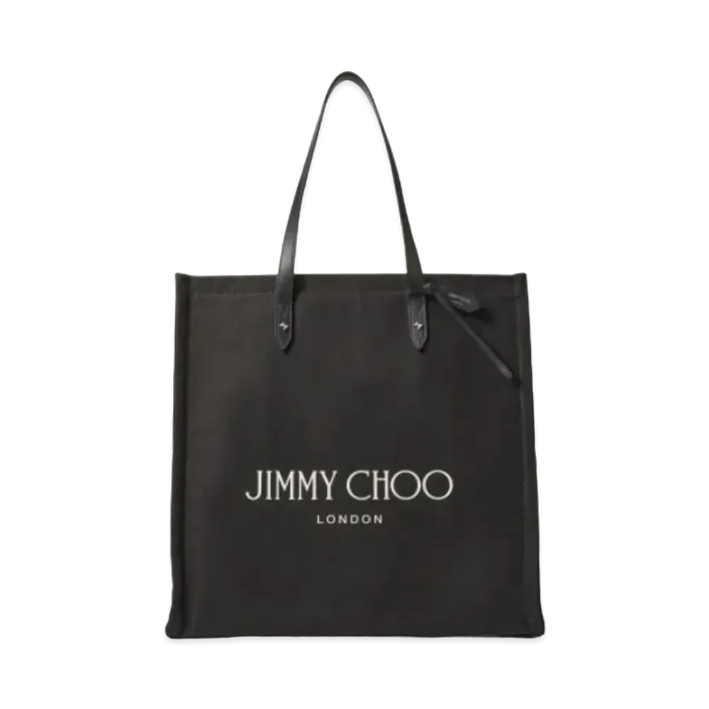 Jimmy Choo Logo Tote Canvas Tote Bag With Leather Handles "Black"