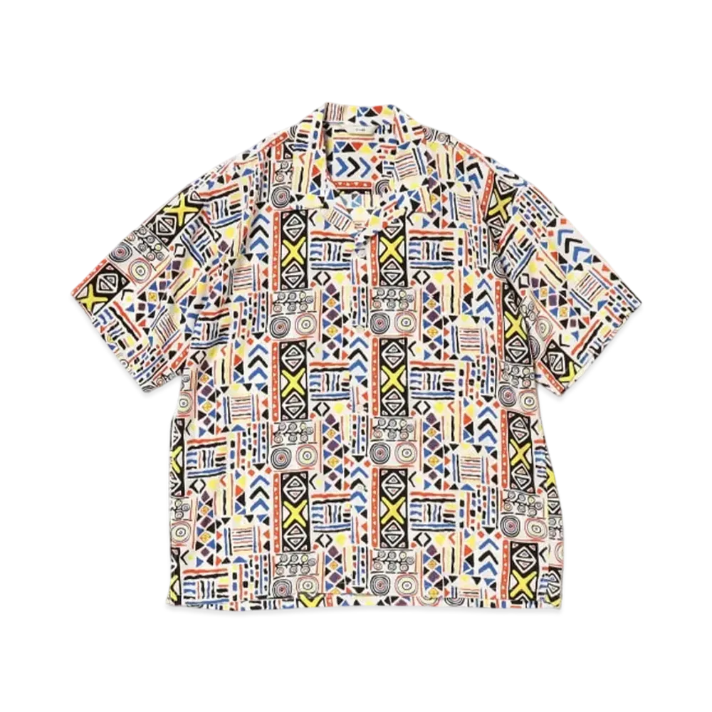 BEAMS Geometric Print Open Collar Shirt "White"