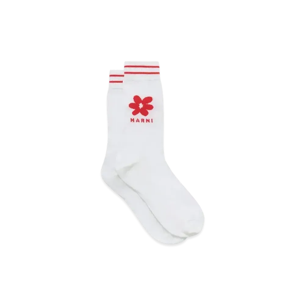 Marni Men's Cotton Socks with Jacquard Flower Detail "Ivory"