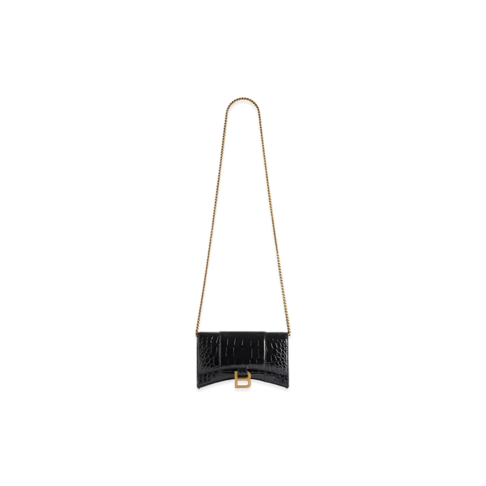 BALENCIAGA Women's Hourglass Chain Wallet Crocodile Embossed "Black"