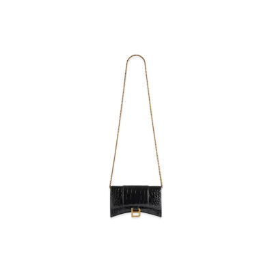 BALENCIAGA Women's Hourglass Chain Wallet Crocodile Embossed "Black"
