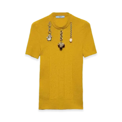 PRADA Wonen's Short-Sleeved Wool Knit Sweater With Pendants "Yellow"