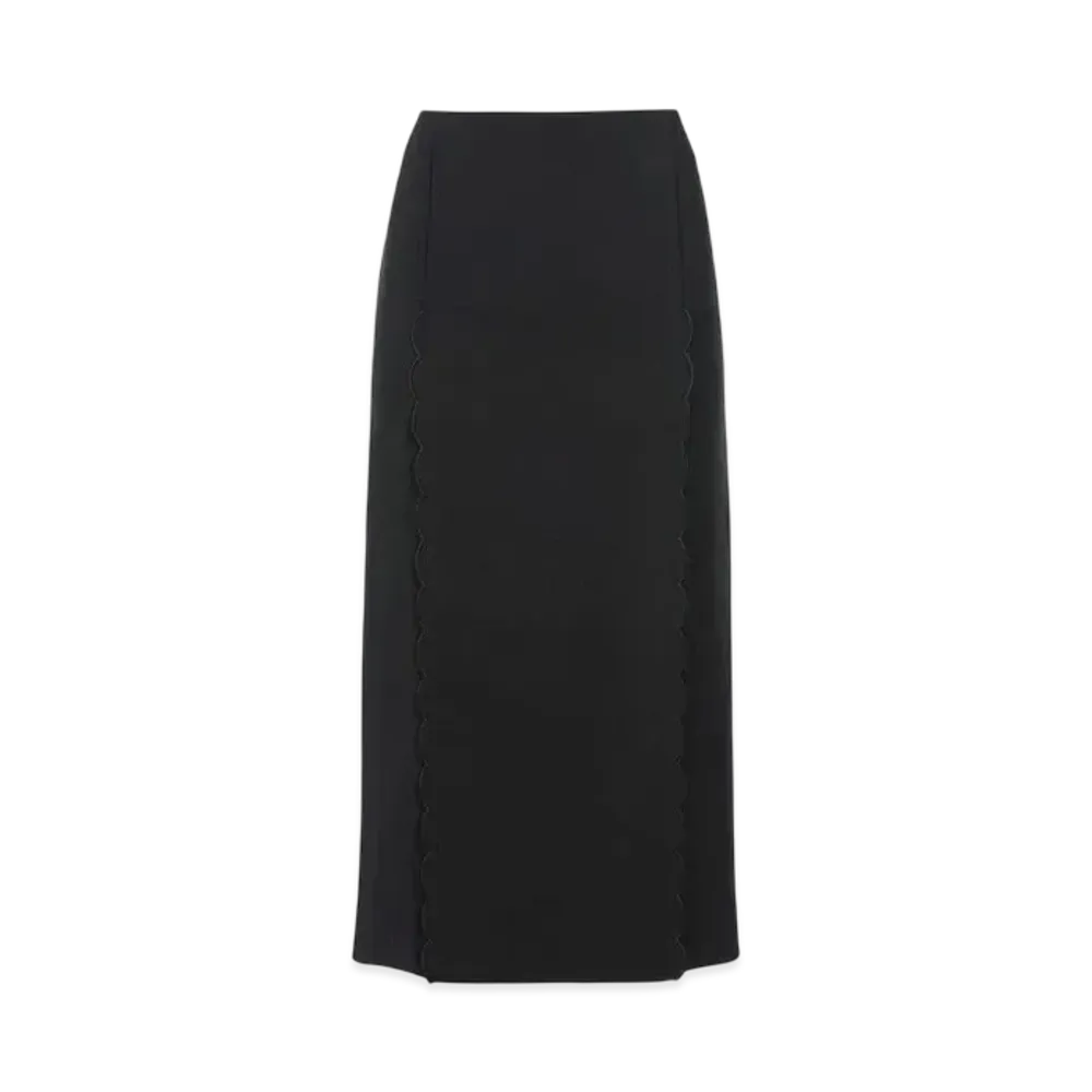 Chloe Scallop Embroidered Column Skirt In Fluid Viscose "Black"