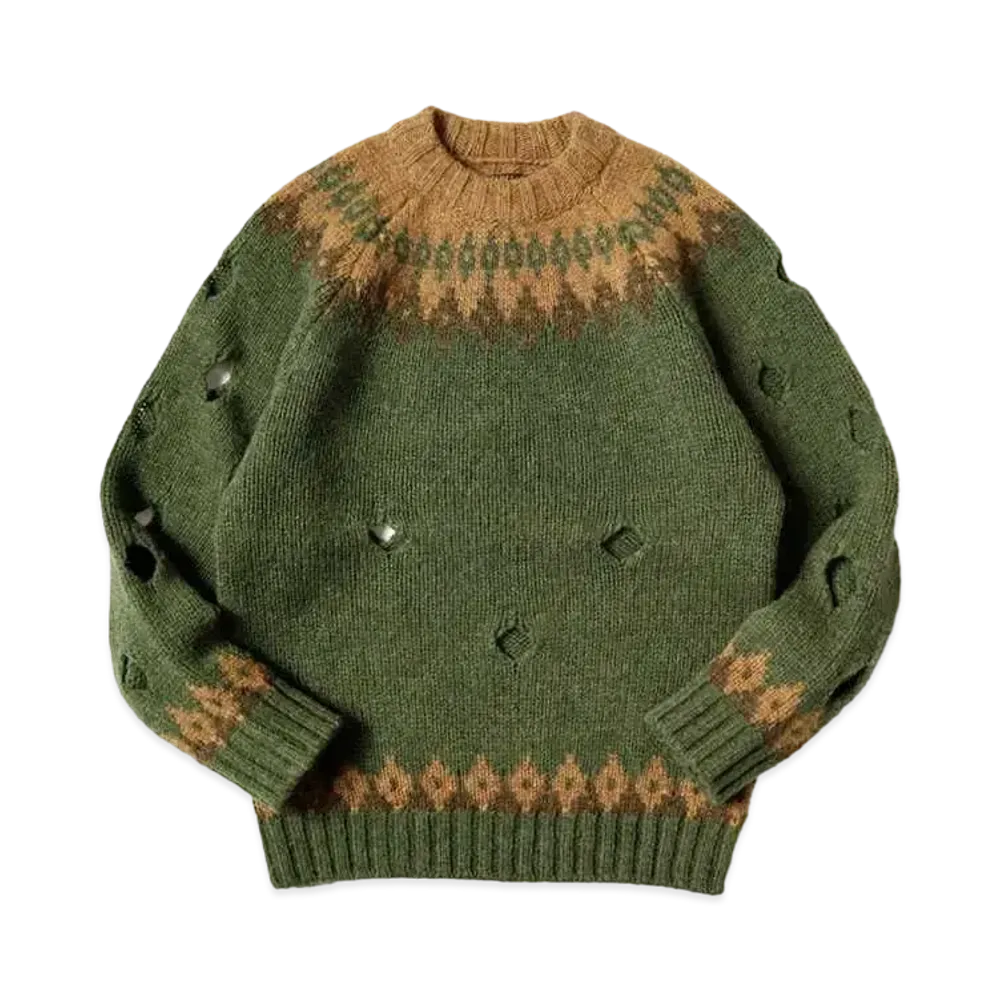 KAPITAL 3G WOOL NORDIC柄 CUT OUT RAGLAN CREW SWEATER "Khaki"