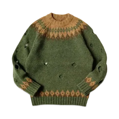 KAPITAL 3G WOOL NORDIC柄 CUT OUT RAGLAN CREW SWEATER "Khaki"