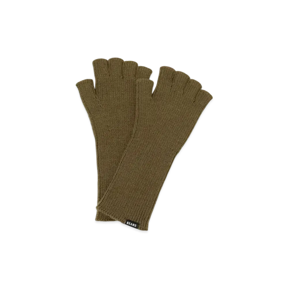 BEAMS Rim Knit Fingerless Gloves "Khaki"