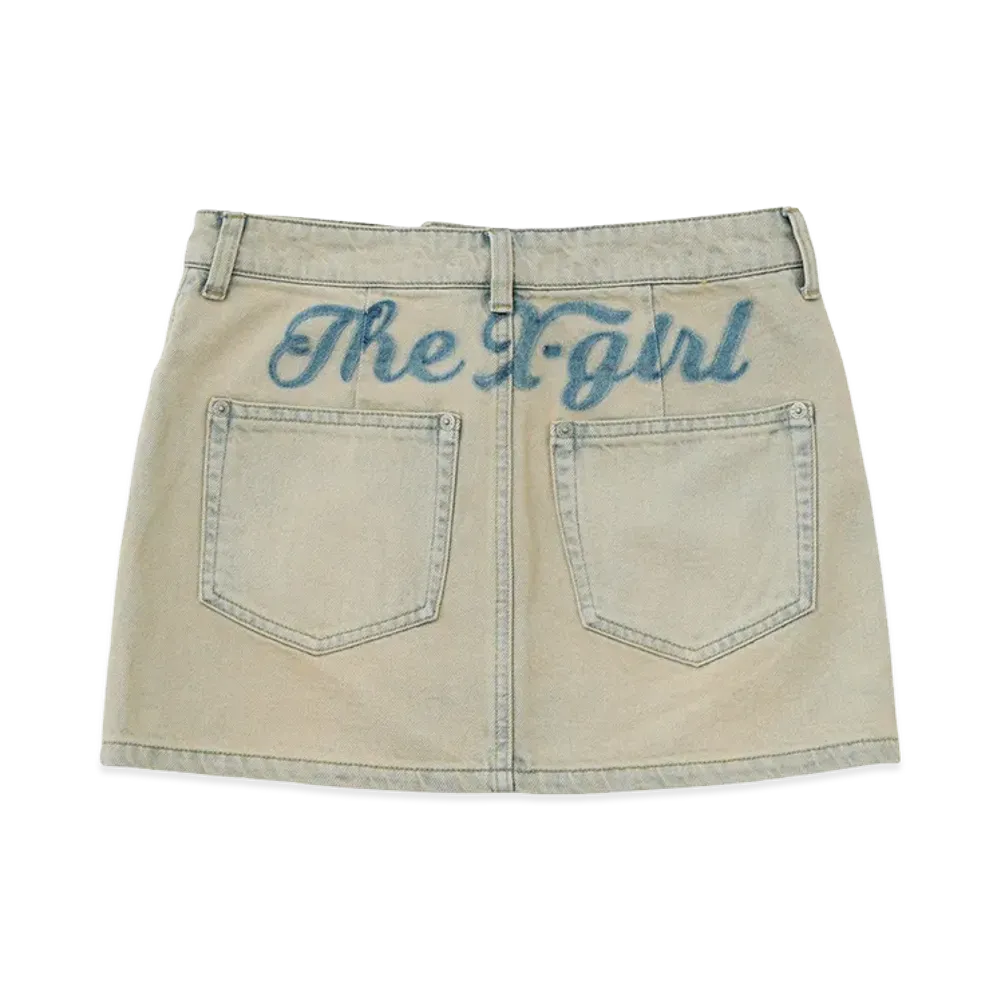 X-Girl Women's Cursive Logo Denim Mini Skirt "Light Indigo"