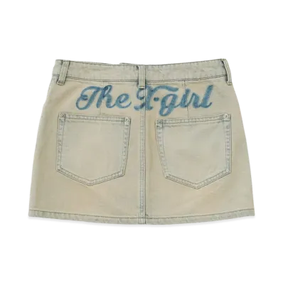 X-Girl Women's Cursive Logo Denim Mini Skirt "Light Indigo"