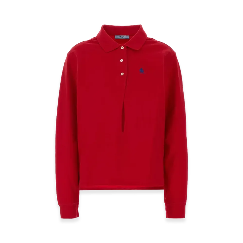 PRADA Women's Logo Embroidery Long Sleeve Polo Shirt "Red"