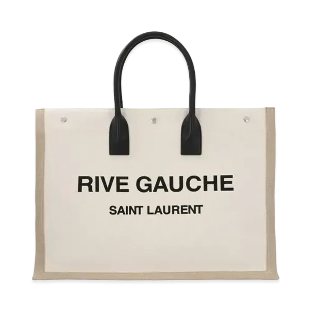 Saint Laurent Rive Gauche Large Tote Bag In Printed Canvas and Leather "Lin Blanc"