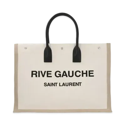 Saint Laurent Rive Gauche Large Tote Bag In Printed Canvas and Leather "Lin Blanc"