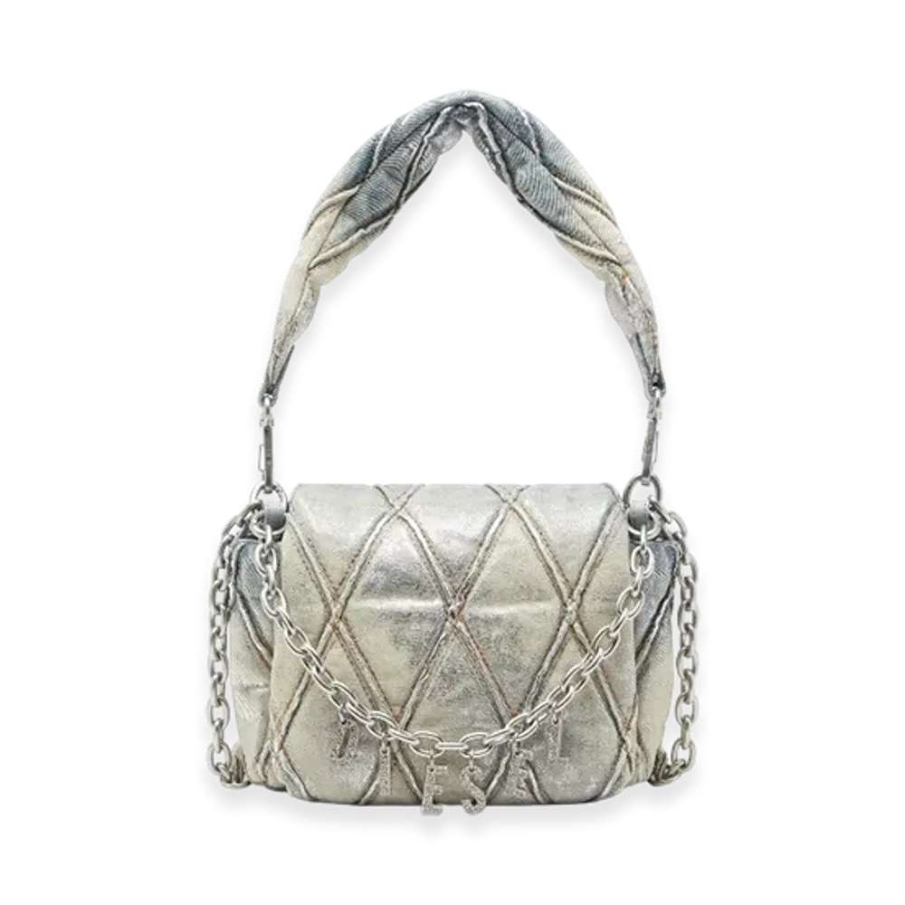 Diesel Charm-D Shoulder S Charm-D S-Small Shoulder Bag In Metallic Quilted Denim "Silver Blue"