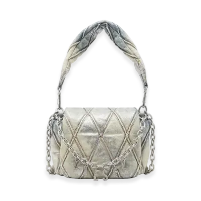 Diesel Charm-D Shoulder S Charm-D S-Small Shoulder Bag In Metallic Quilted Denim "Silver Blue"