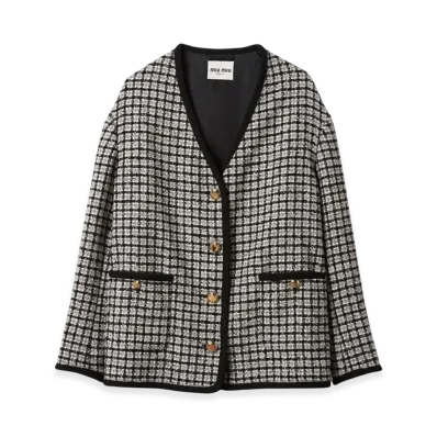 MIU MIU Women's Single Breasted Boucle Jacket "White/Black"