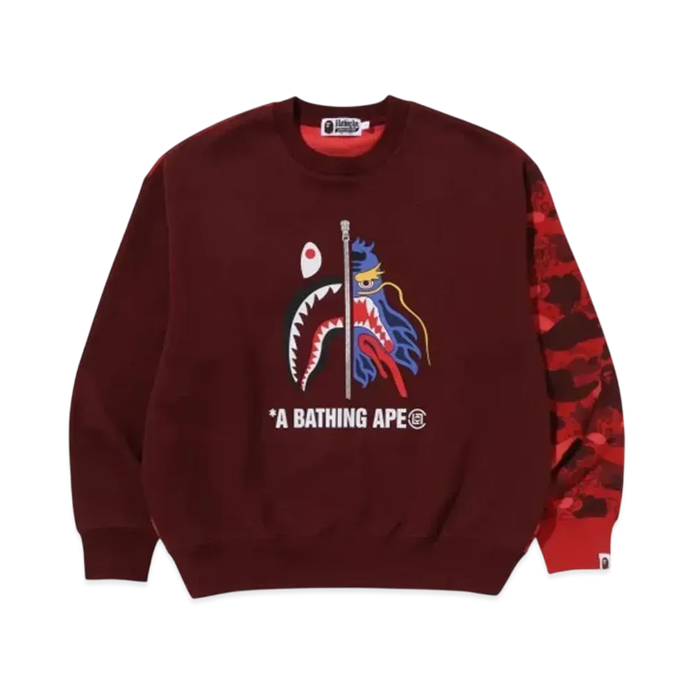 A BATHING APE x CLOT Camo Shark Patched Relaxed Fit Crewneck Sweatshirt "Red"