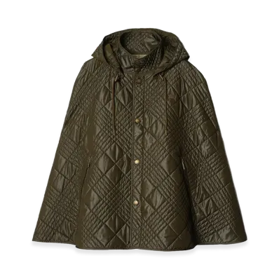 Burberry Women's Micro Check Stitch Nylon Blend Cape "Marsh Green"