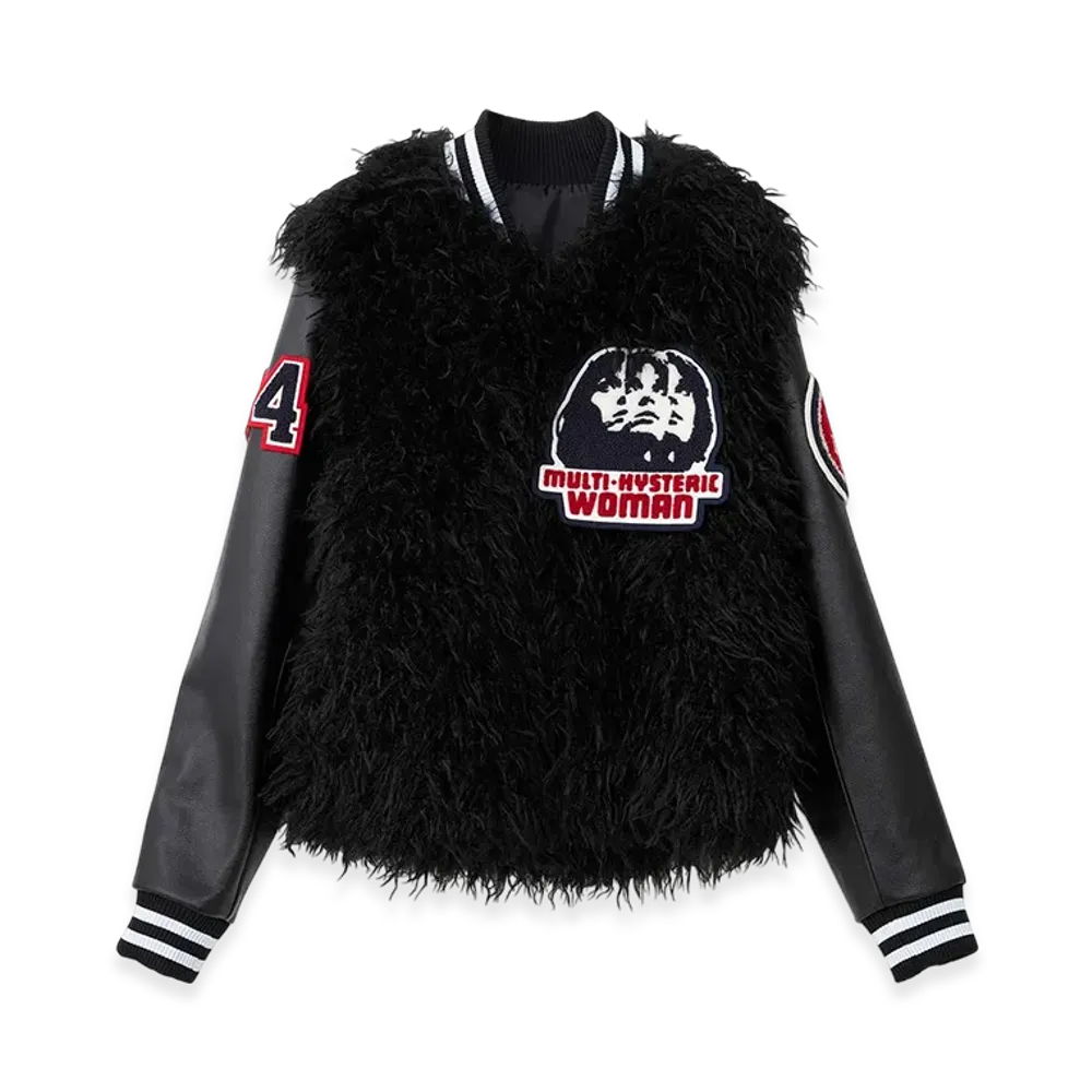 HYSTERIC GLAMOUR Hysteric Woman Patch Faux Fur Stadium Jacket "Black"