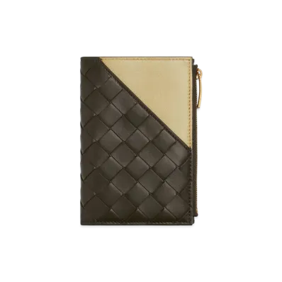 Bottega Veneta Intrecciato Diagonal Medium Bi-Fold Wallet "Khaki/Light Butterscotch"