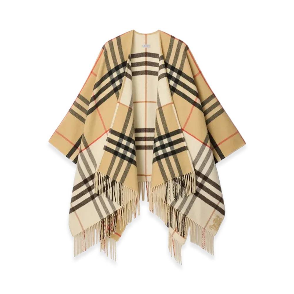 Burberry Women's Contrast Check Cashmere Wool Cape "Sand/Pebble White"