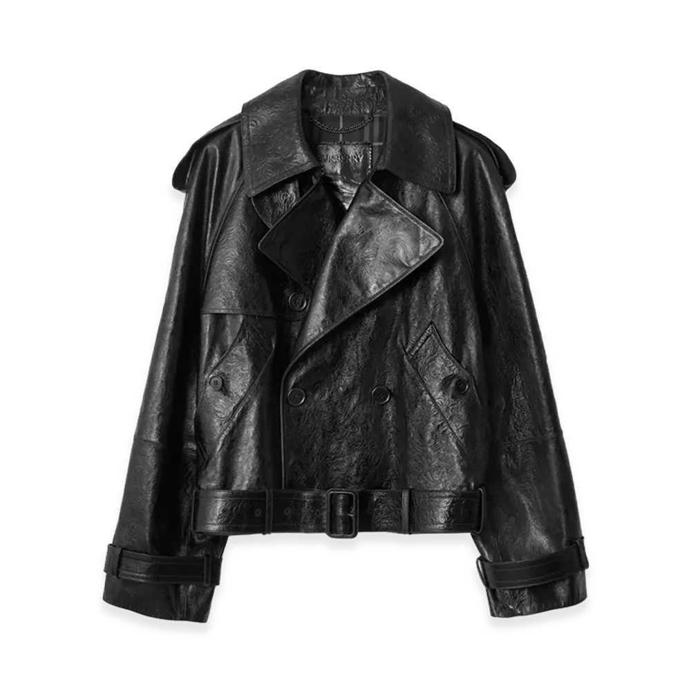 Burberry Cropped Embossed Leather Trench Jacket "Silhouette Black"