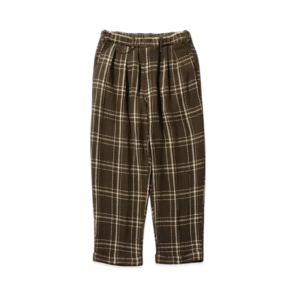 BEAMS 2 Pleats Relax Trousers Loose Weave Plaid "Brown"