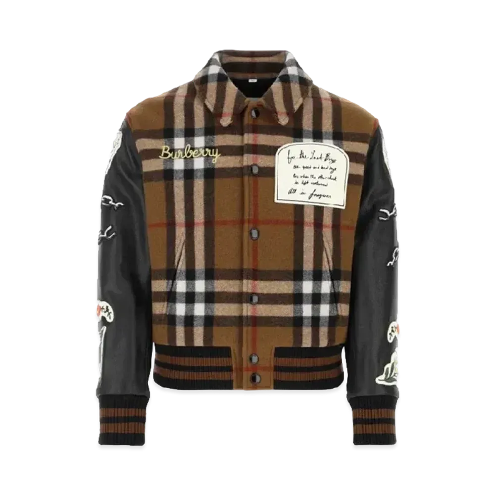 Burberry Men's Badged Applique Check Technical Wool Bomber Jacket "Dark Brown"