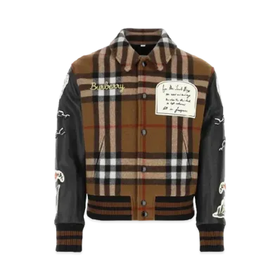 Burberry Men's Badged Applique Check Technical Wool Bomber Jacket "Dark Brown"