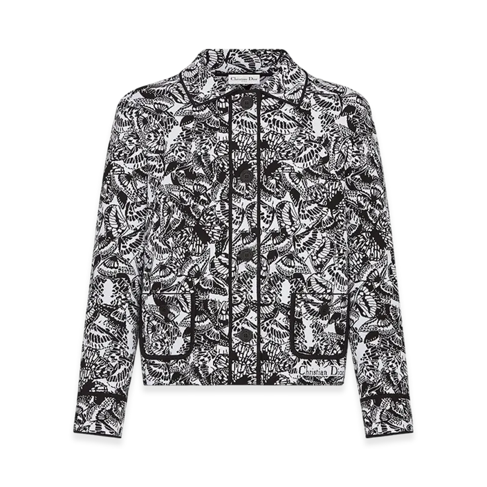 Dior Women's Cropped Jacket Technical Jacquard Butterflies Motif "Black/White"