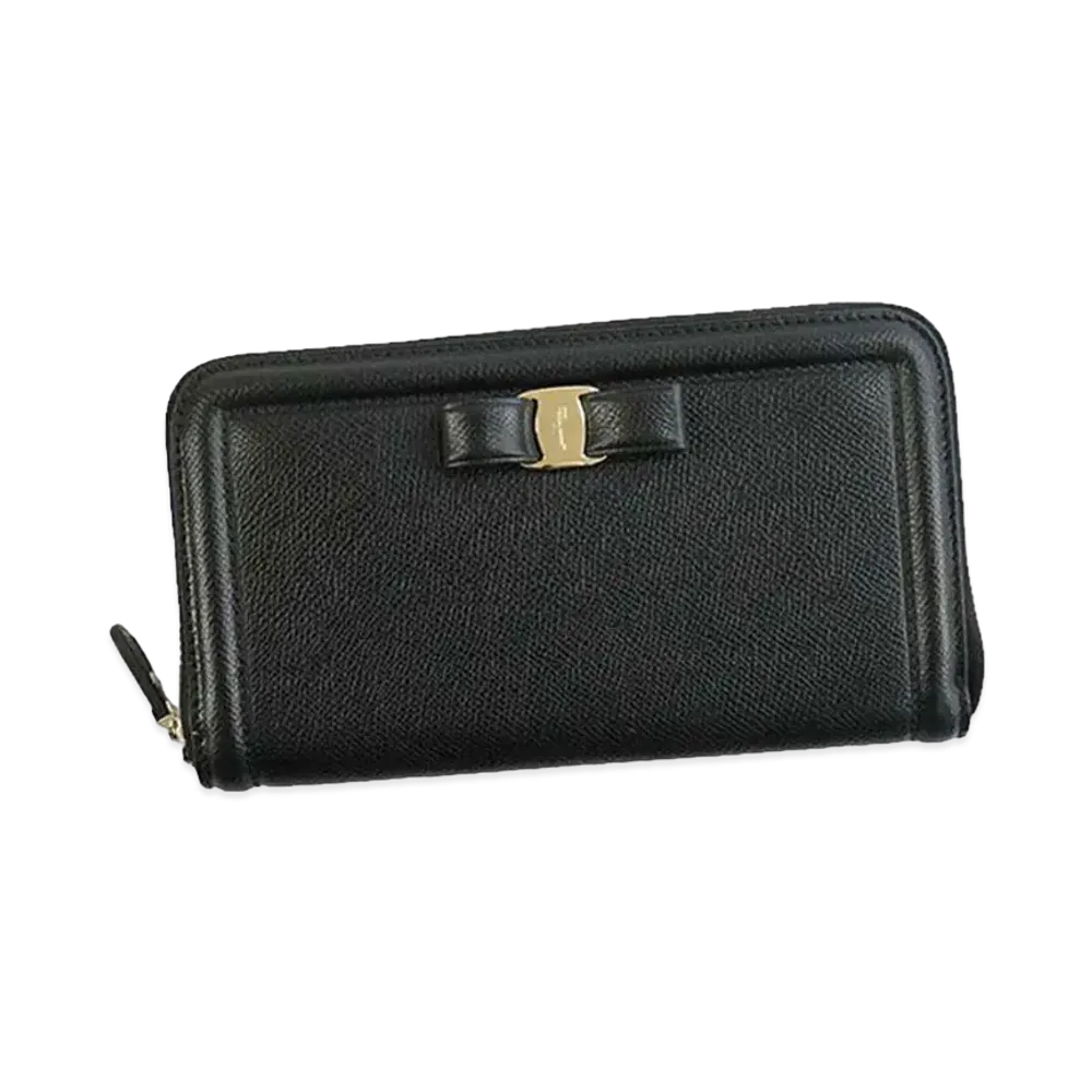 Salvatore Ferragamo Vara Leather Zip Around Wallet "Black"