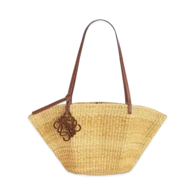LOEWE Small Shell Basket Bag In Elephant Grass And Calfskin "Natural/Pecan"