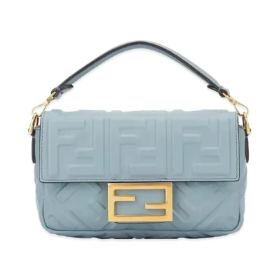 FENDI Women's Baguette Mini Leather Bag With Embossed FF Motif "Light Blue"