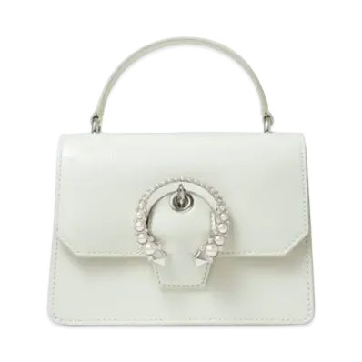 Jimmy Choo Madeline Satchel/S Patent Textured Leather Satchel With Pearl Buckle "Latte"
