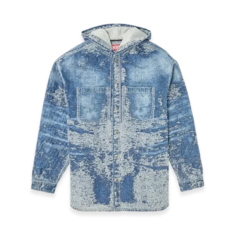 Diesel D-Dewnys-Hood-S Overshirt In Distressed Jacquard Denim "Medium Blue"