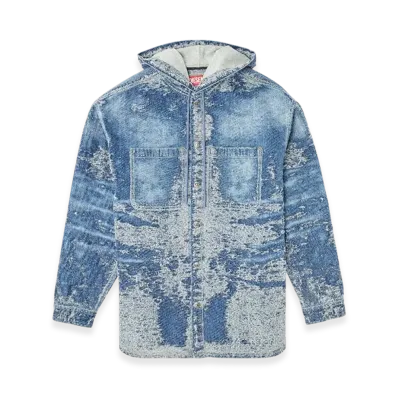 Diesel D-Dewnys-Hood-S Overshirt In Distressed Jacquard Denim "Medium Blue"
