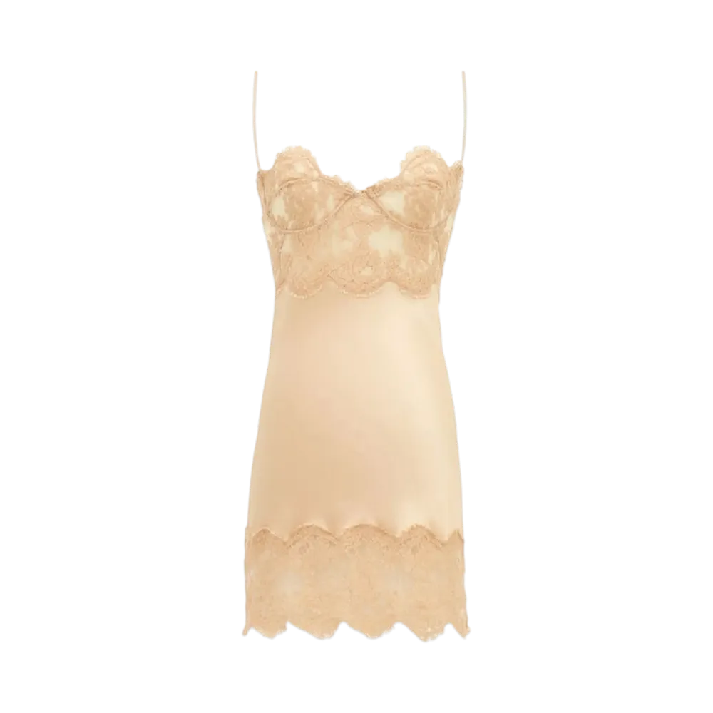 Saint Laurent Women's Slip Dress in Silk Satin and Lace "Beige"