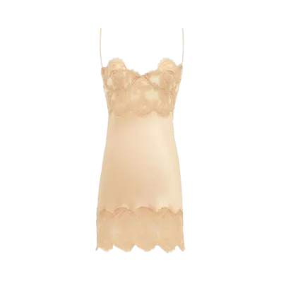 Saint Laurent Women's Slip Dress in Silk Satin and Lace "Beige"