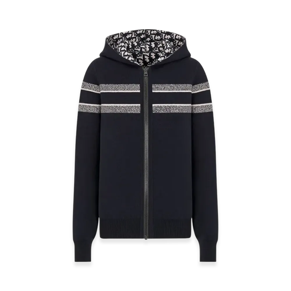 Dior Women's Technical Cashmere Reversible Zipped Cardigan with Hood Dior Oblique "Blue"