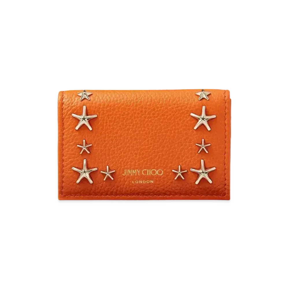 JIMMY CHOO NELLO Soft Grainy Calf Leather Card Case With Star Studs "Amber Orange"