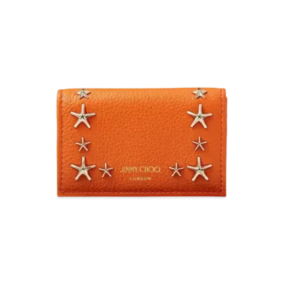 JIMMY CHOO NELLO Soft Grainy Calf Leather Card Case With Star Studs "Amber Orange"