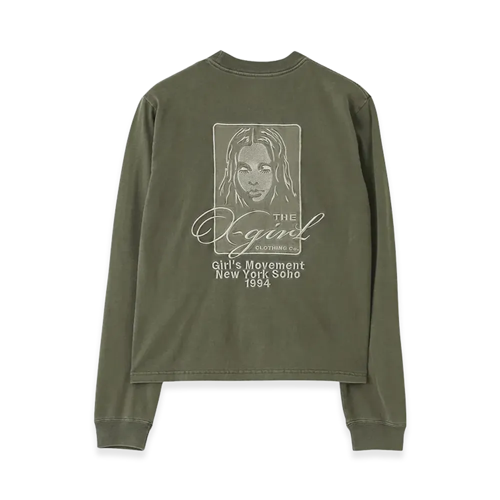 X-Girl Women's Pigment Dyed Face And Logo Square Patch L/S Tee "Olive"