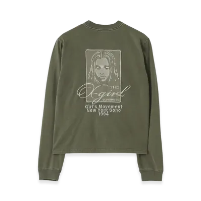 X-Girl Women's Pigment Dyed Face And Logo Square Patch L/S Tee "Olive"