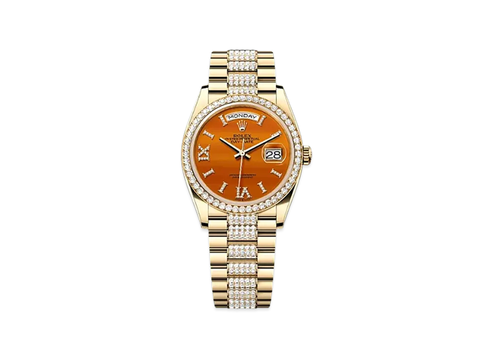 ROLEX Day-Date 36mm Yellow Gold Diamond 128348RBR "Carnelian"