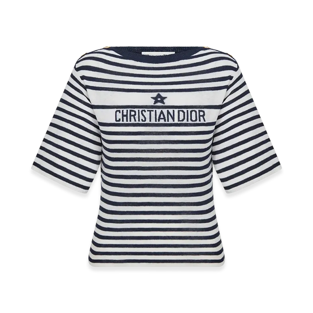 Dior Women's Mariniere Short-Sleeved Sweater Linen Cashmere Silk Ribbed Knit "White/Navy Blue"