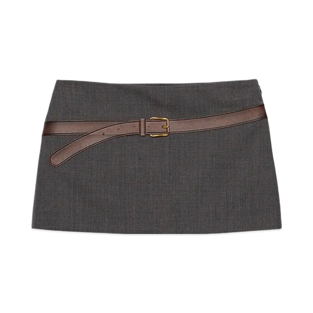 PRADA Women's Technical Wool Miniskirt with Printed Belt "Slate Gray"