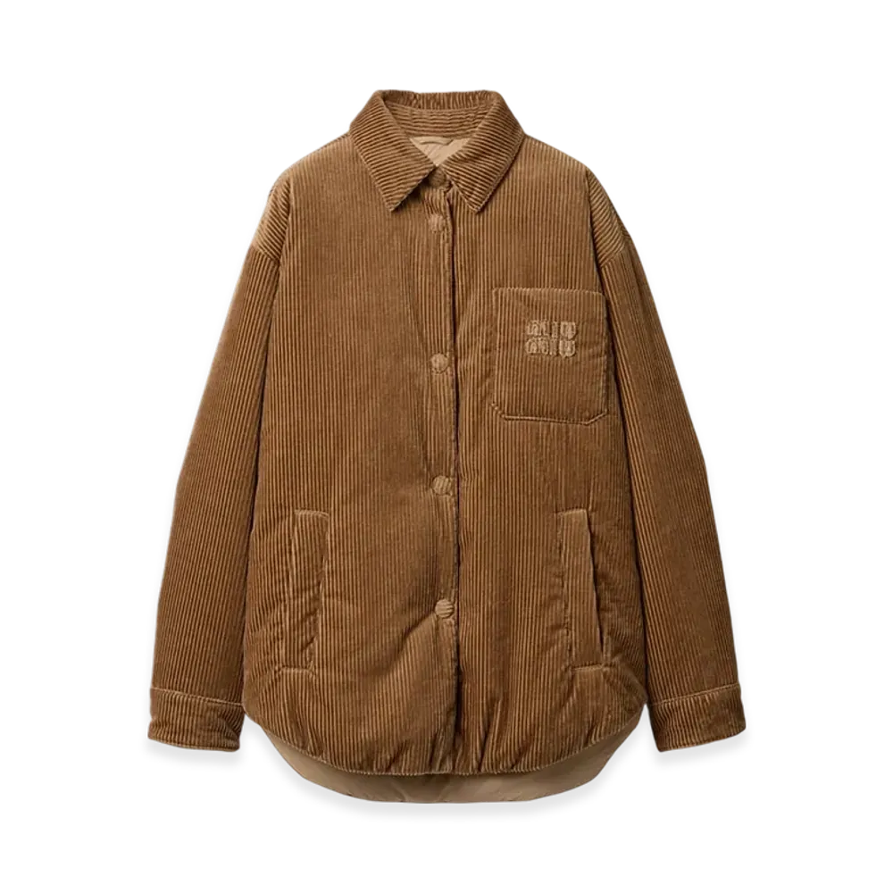 MIU MIU Women's Medium-Weight Corduroy Down Jacket "Camel Brown"