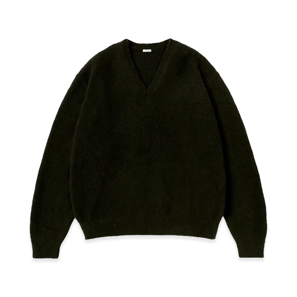 A.PRESSE Brushed Cashmere Middle Gauge V-Neck Sweater "Olive"