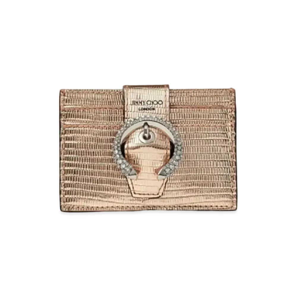 Jimmy Choo Umika Printed Metallic Lizard Card Case With Crystal Buckle "Gold"
