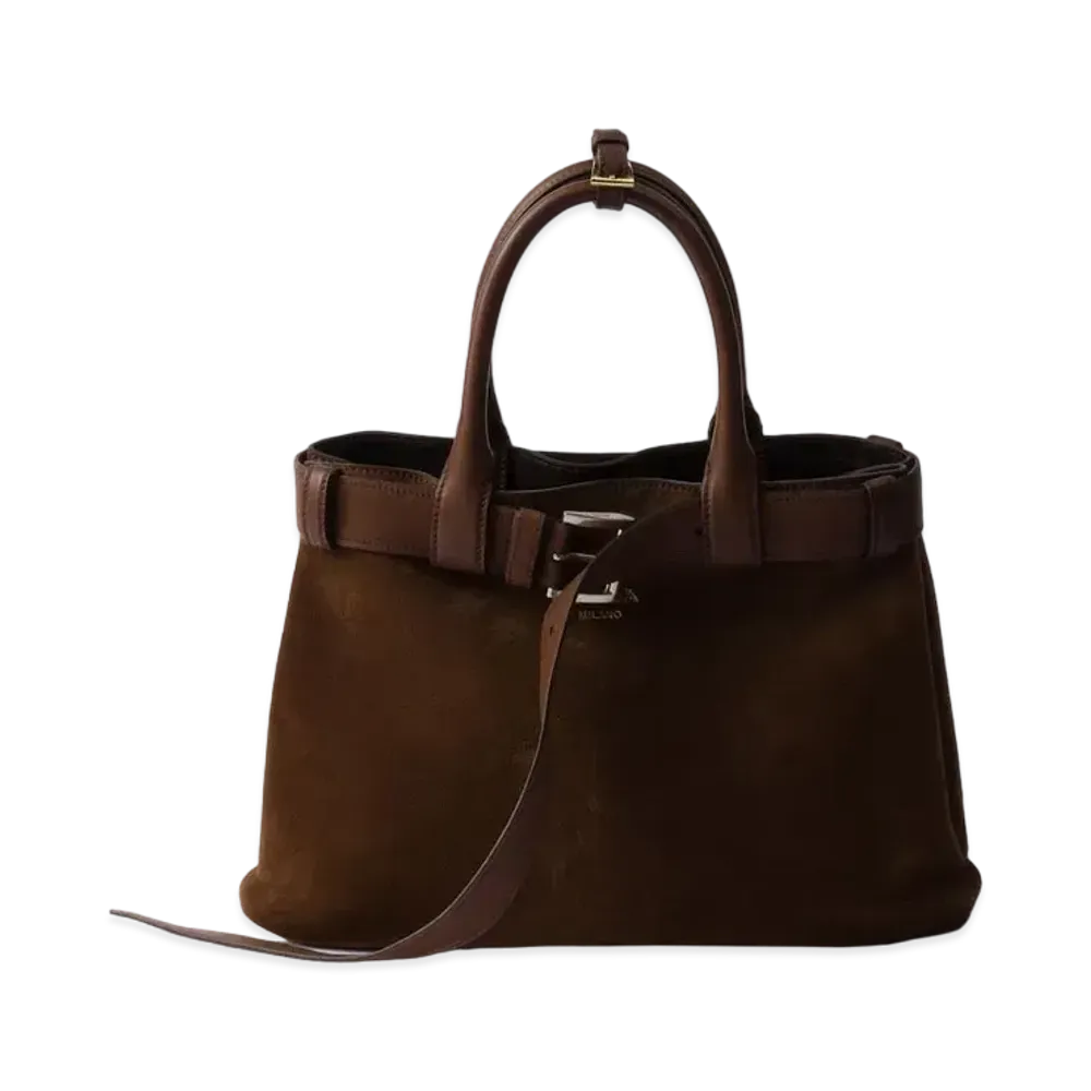 PRADA Medium Buckle Suede Bag with Belt "Dark Brown"