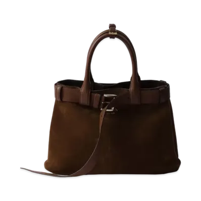 PRADA Medium Buckle Suede Bag with Belt "Dark Brown"