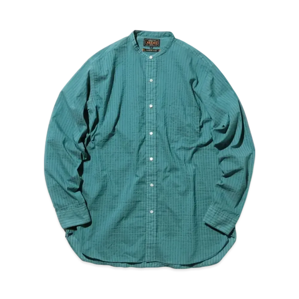 BEAMS Band Collar Classic-fit Bumpy Stripe "Blue"